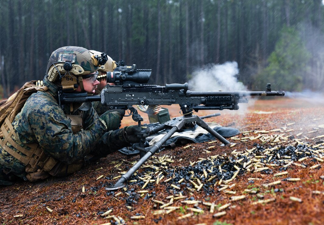 U.S. Marine Corps Lance Cpl. Steve Lejko, a machine gunner with 2nd Battalion, 6th Marine Regiment, 2nd Marine Division fires an M240B machine gun during a Division Field Machine Gun Course in Camp Lejeune, North Carolina, Feb. 02, 2023. During this course, entry-level trained machine gunners and advanced leaders focus on improving small unit tactics, increasing knowledge, proficiency and lethality of the machine gun section.