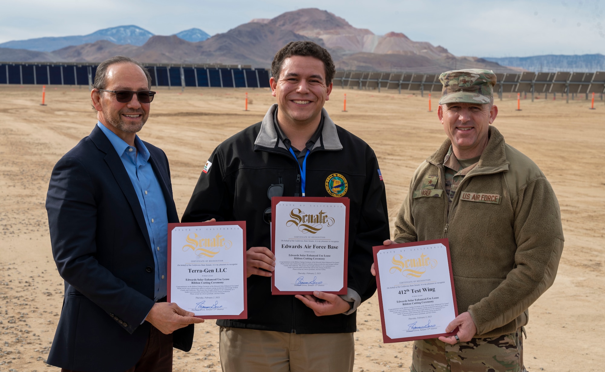 James R. Pagano, Chief Executive Officer, Terra-Gen LLC, and Brig. Gen. Matthew Higer, Commander, 412th Test Wing receive Certificates of Recognition from the California State Senate commemorating the largest private-public collaboration in Department of Defense history at Edwards Air Force Base, California, Feb. 2.