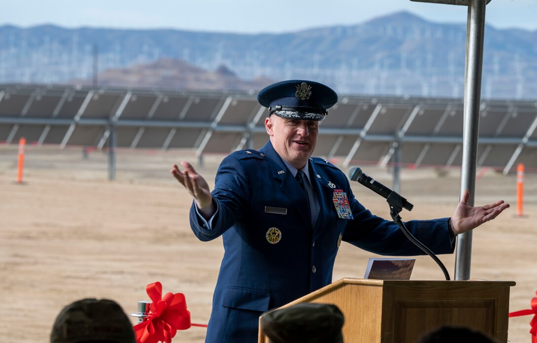 Brig. Gen. William H. Kale III, Commander, Air Force Civil Engineer Center, speaks at the Edwards Solar Enhanced Use Lease Project ribbon cutting ceremony commemorating the largest private-public collaboration in Department of Defense history at Edwards Air Force Base, California, Feb. 2.