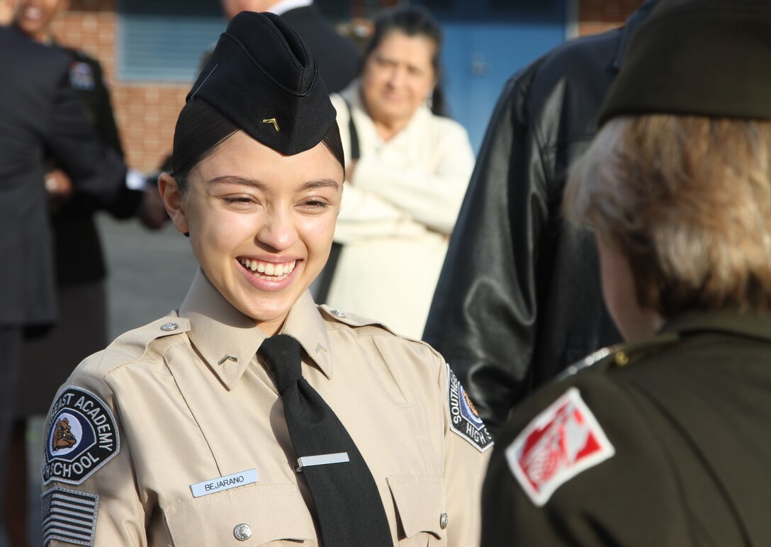 Col. Julie Balten, the U.S. Army Corps of Engineers' Los Angeles District commander, right, congratulates Evelyn Bejarano, a senior at Southeast Academy in Norwalk, California, during Balten's Jan. 13 visit to the high school with Brig. Gen. Antoinette Gant, the Corps' South Pacific Division commander.