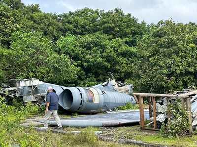 A man walks around aircraft wreckage draped in jungle foliage.