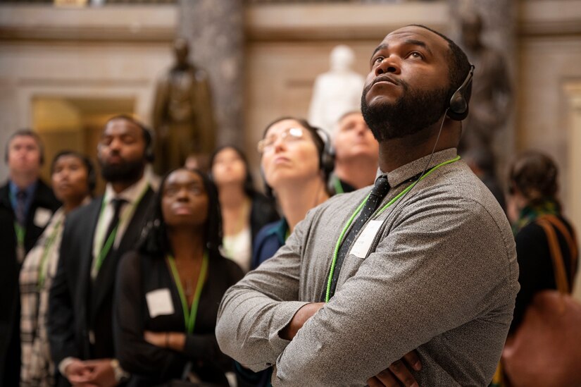 U.S. Air Force Master Sgt. Antonio Lofton, U.S. Air Force Honor Guard Drill Team flight chief, looks up at historic works of art during a guided tour at the U.S. Capitol, Feb 1, 2023, Washington, D.C. Lofton attended the tour with Joint Base Anacostia-Bolling’s 2022 Annual Award nominees. (U.S. Air Force photo by Jason Treffry)