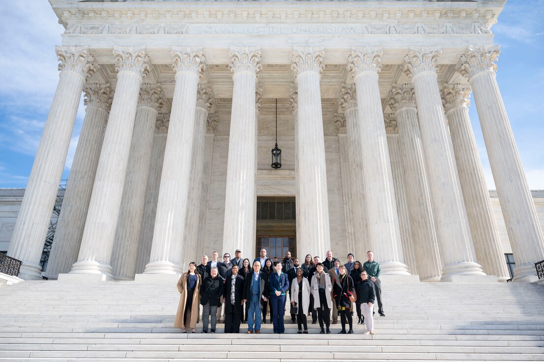 Active duty service members and civilian employees from Joint Base Anacostia-Bolling pose for a group photo after a tour of the Supreme Court of the United States, Feb 1, 2023, Washington, D.C. The group attended the tour as part of JBAB’s 2022 Annual Award nominees. (U.S. Air Force photo by Jason Treffry)