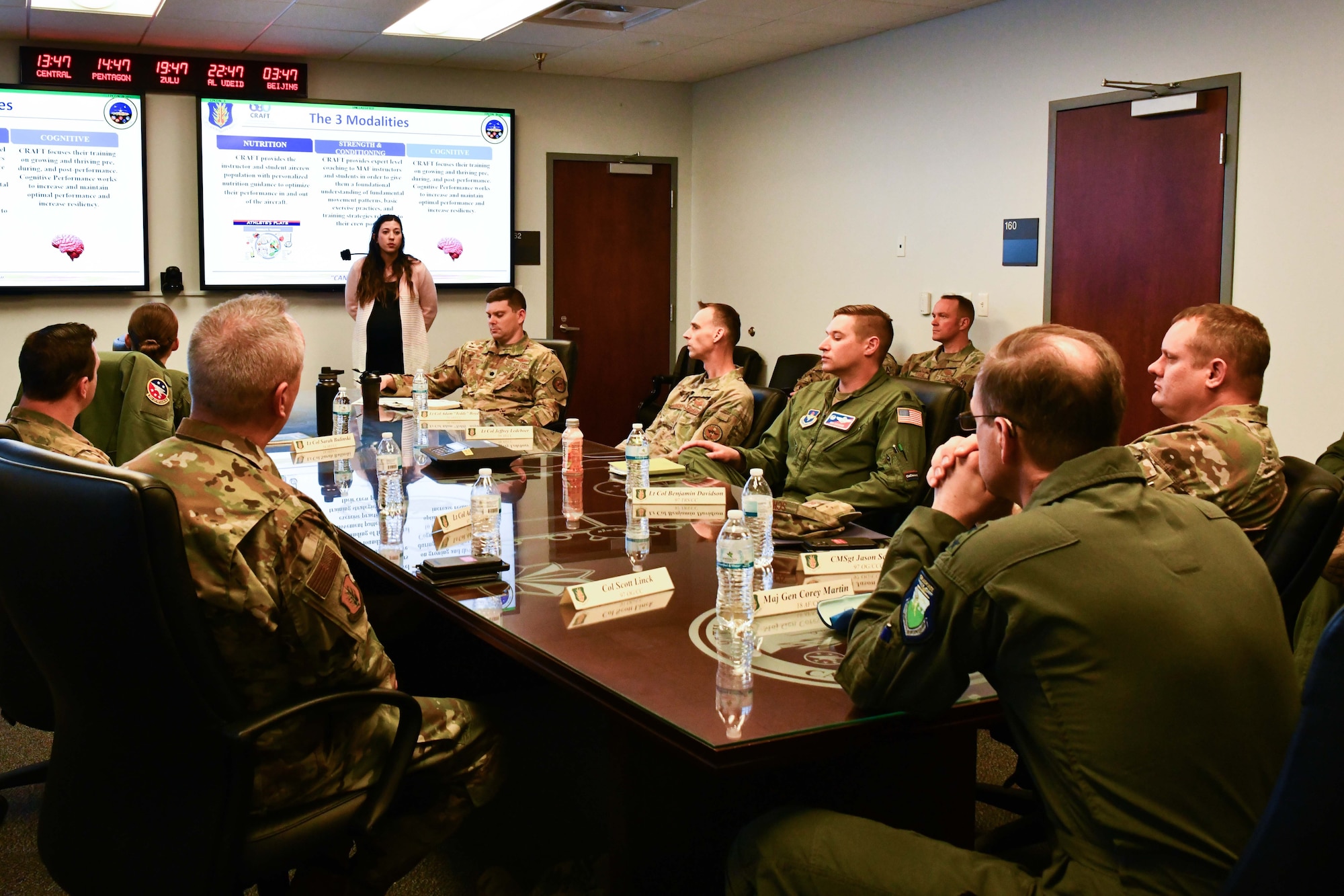 Sarah Woolfolk, cognitive specialist and site lead for the Comprehensive Readiness for Aircrew Flying Training (CRAFT) program, briefs U.S. Air Force Maj. Corey Martin, 18th Air Force commander, along with leaders from the 97th Operations Group at Altus Air Force Base, Oklahoma, Jan. 26, 2023. CRAFT is a program designed to provide customized wellness solutions for aircrew members. (U.S. Air Force photo by Airman 1st Class Miyah Gray)