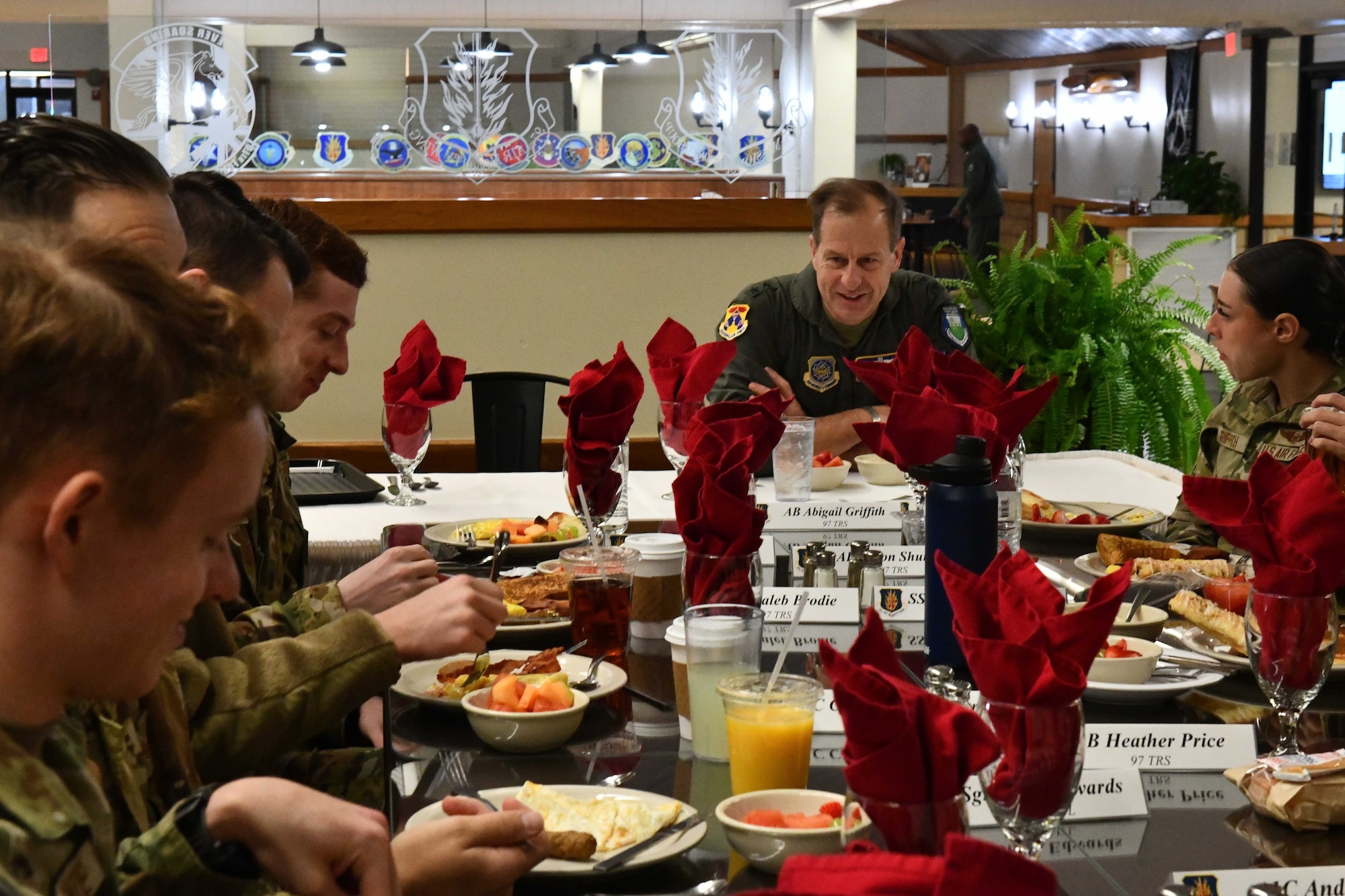 U.S. Air Force Maj. Gen. Corey Martin, 18th Air Force commander, speaks to military training leaders and students from the 97th Training Squadron during a breakfast discussion at the dining facility at Altus Air Force Base, Oklahoma, Jan. 27, 2023. Martin listened to Airmen’s experiences, missions and goals while providing his experiences and expectations in return. (U.S. Air Force photo by Airman 1st Class Miyah Gray)