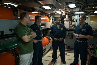U.S. Representative Ed Case, Hawaii's First Congressional District, speaks to Sailors aboard the Virginia-class fast-attack submarine USS North Carolina (SSN 777) during a tour of the boat off the coast of Pearl Harbor, Hawaii, Jan. 15, 2023. USS North Carolina is the fourth submarine of the Virginia-class; the first class designated and built post-Cold War in order to meet the challenges of the 21st century, and has improved stealth; sophisticated surveillance capabilities, and special warfare enhancements that enable it to meet the Navy's multi-mission requirements. (U.S. Navy photo by Mass Communication Specialist 1st Class Scott Barnes)