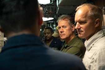 U.S. Representative Ed Case, Hawaii's First Congressional District, speaks to Sailors aboard the Virginia-class fast-attack submarine USS North Carolina (SSN 777) during a tour of the boat off the coast of Pearl Harbor, Hawaii, Jan. 15, 2023. USS North Carolina is the fourth submarine of the Virginia-class; the first class designated and built post-Cold War in order to meet the challenges of the 21st century, and has improved stealth; sophisticated surveillance capabilities, and special warfare enhancements that enable it to meet the Navy's multi-mission requirements. (U.S. Navy photo by Mass Communication Specialist 1st Class Scott Barnes)