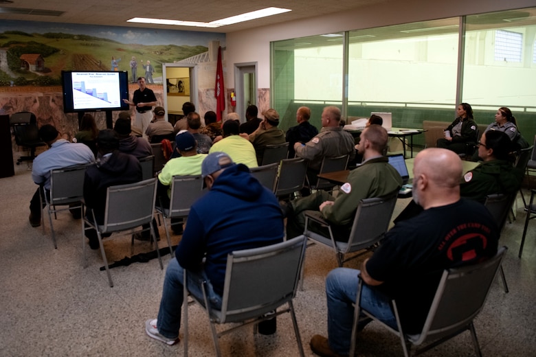 Stan Simpson, left, the Savannah District water manager, provides dam safety training to personnel at the J. Strom Thurmond Project on Feb. 2, 2023. USACE photo by Mel Orr.