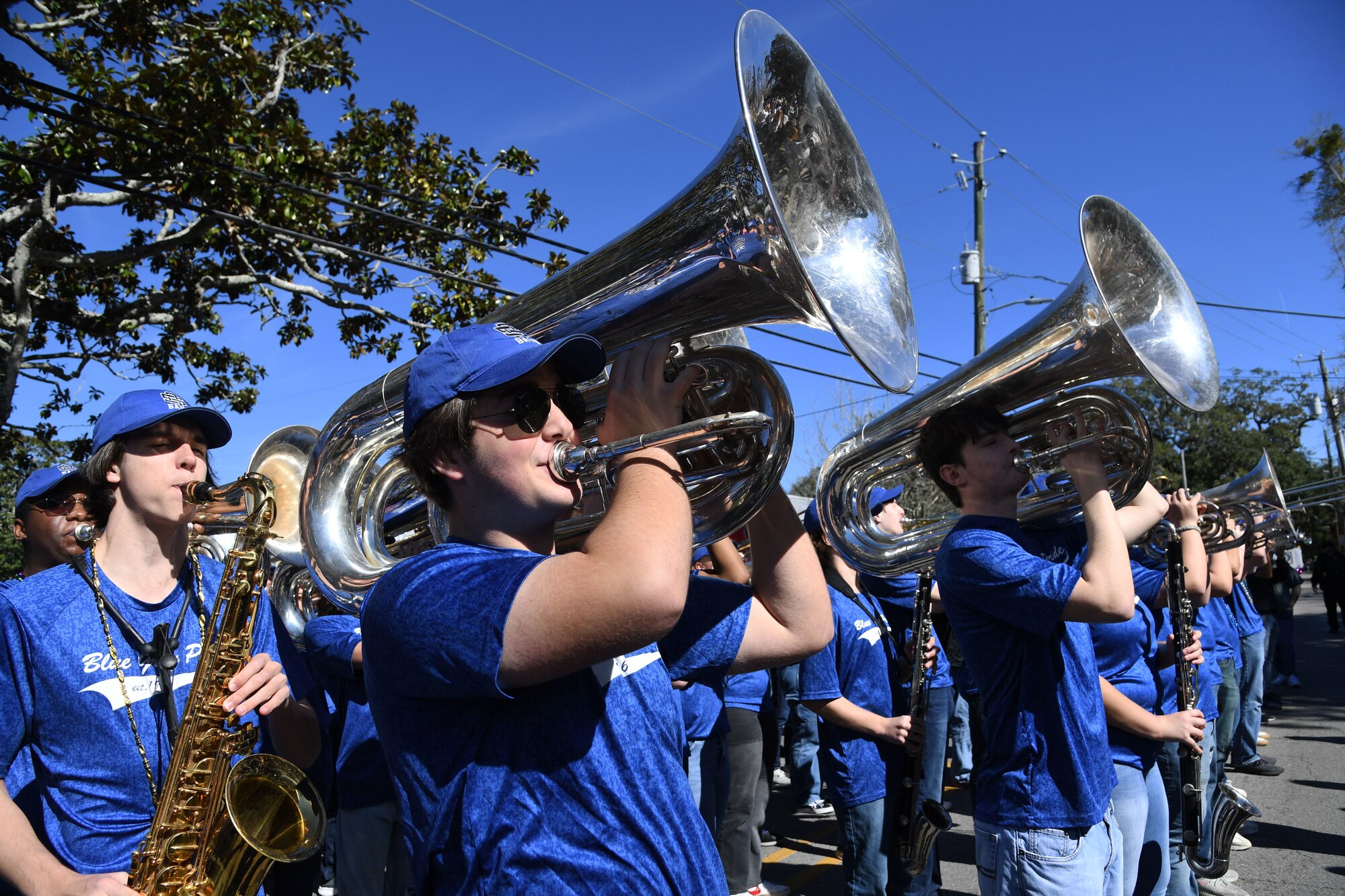 Members of the Ocean Springs High School Band perform during the Ocean Springs Elks Mardi Gras Parade at Ocean Springs, Mississippi, Feb. 4, 2023.