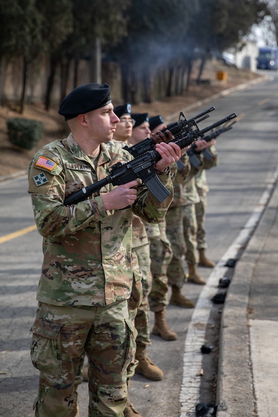 Soldiers assigned to 35th Air Defense Artillery Brigade render a 21-gun salute during the annual Battle of Hill 180 ceremony at Osan Air Base, South Korea, Feb. 2, 2023.