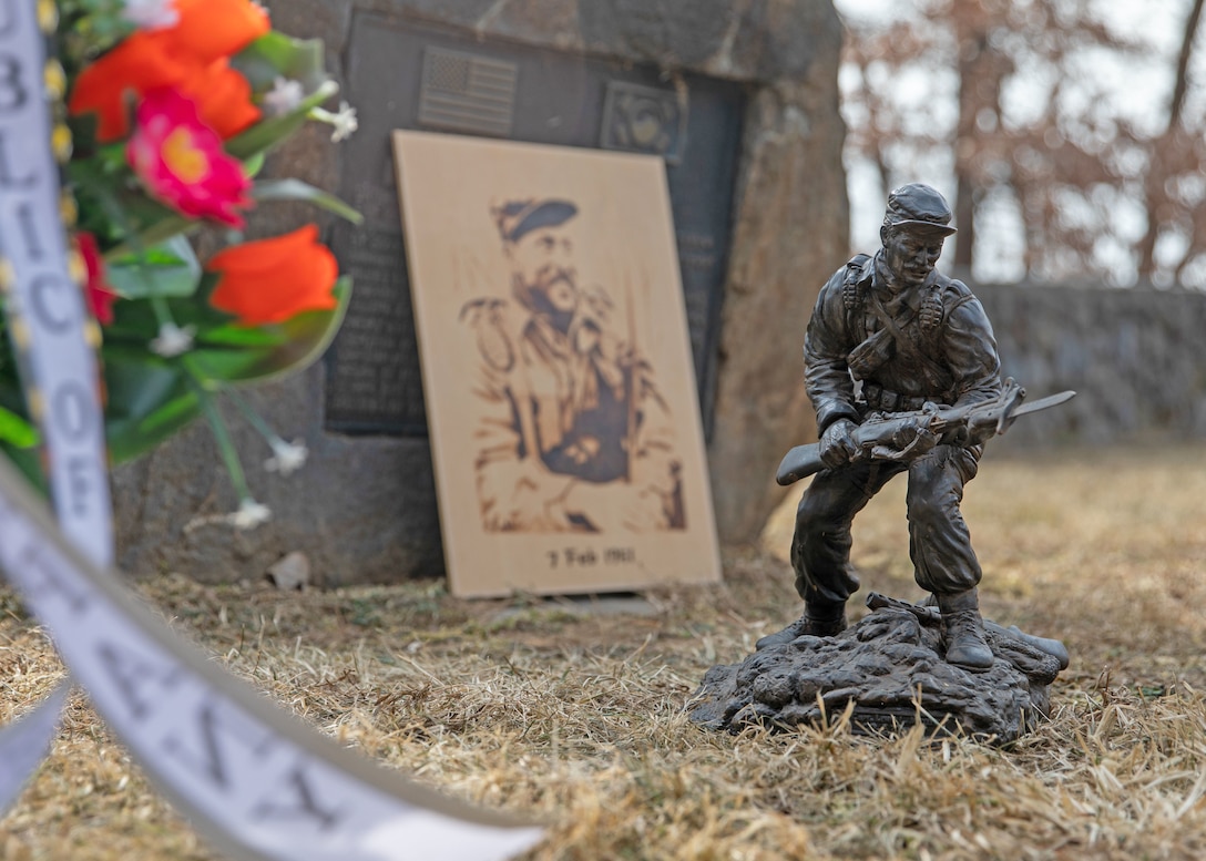 A statue of Capt. Lewis Millet sits near the memorial site of the Battle of Hill 180 on Osan Air Base, South Korea. The base held its annual Battle of Hill 180 ceremony Feb. 2, 2023.