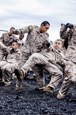 U.S. Marine Corps recruits with Alpha Company, 1st Recruit Training Battalion, practice Marine Corps Martial Arts Program (MCMAP) techniques at Marine Corps Recruit Depot San Diego, Jan. 30, 2023.