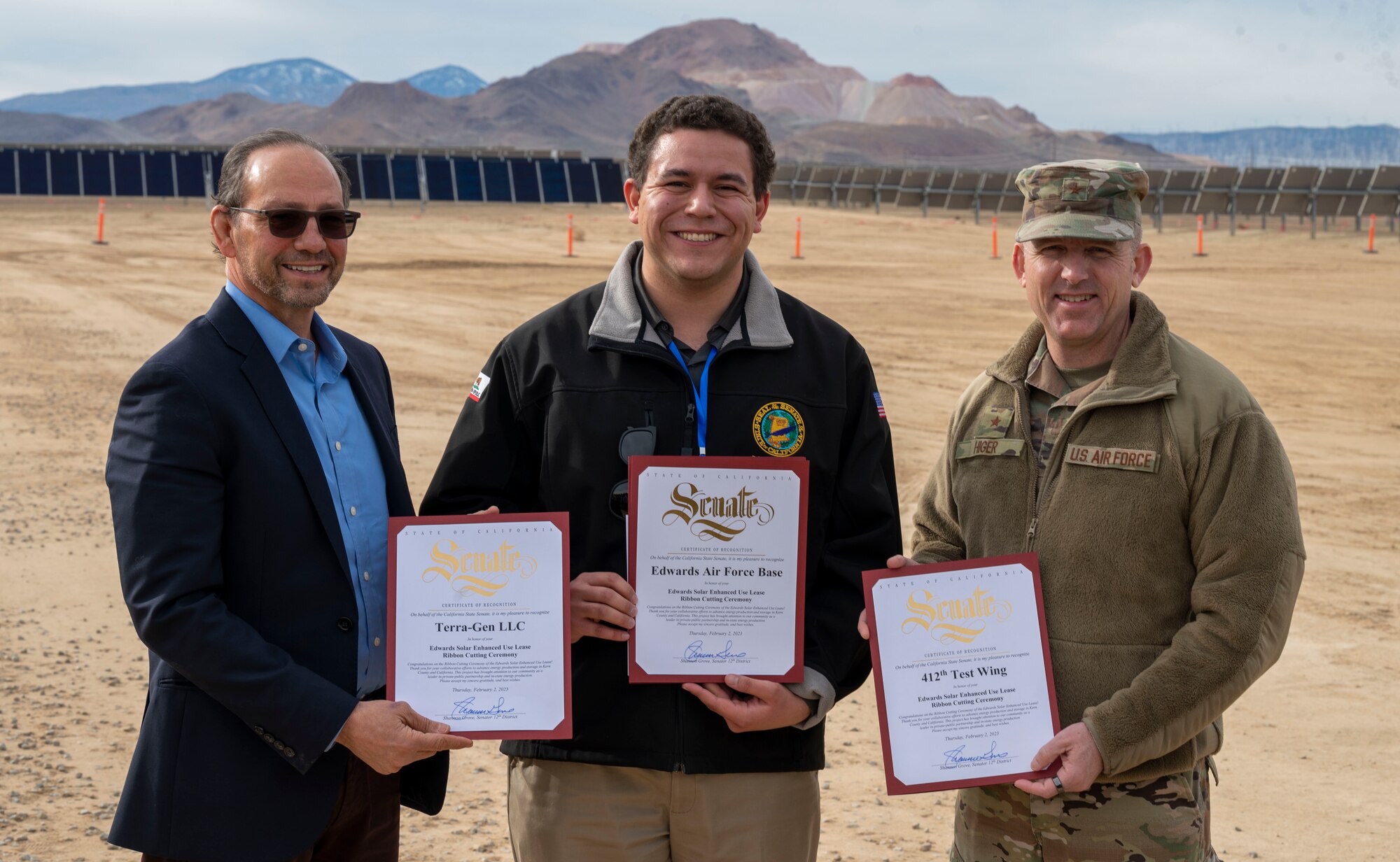James R. Pagano, Chief Executive Officer, Terra-Gen LLC, and Brig. Gen. Matthew Higer, Commander, 412th Test Wing receive Certificates of Recognition from the California State Senate commemorating the largest private-public collaboration in Department of Defense history at Edwards Air Force Base, California, Feb. 2.