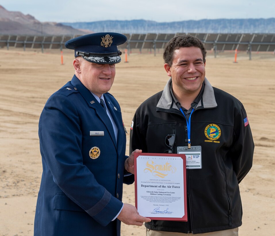 Brig. Gen. William H. Kale III, Commander, Air Force Civil Engineer Center receives a Certificate of Recognition from the California State Senate commemorating the largest private-public collaboration in Department of Defense history at Edwards Air Force Base, California, Feb. 2.
