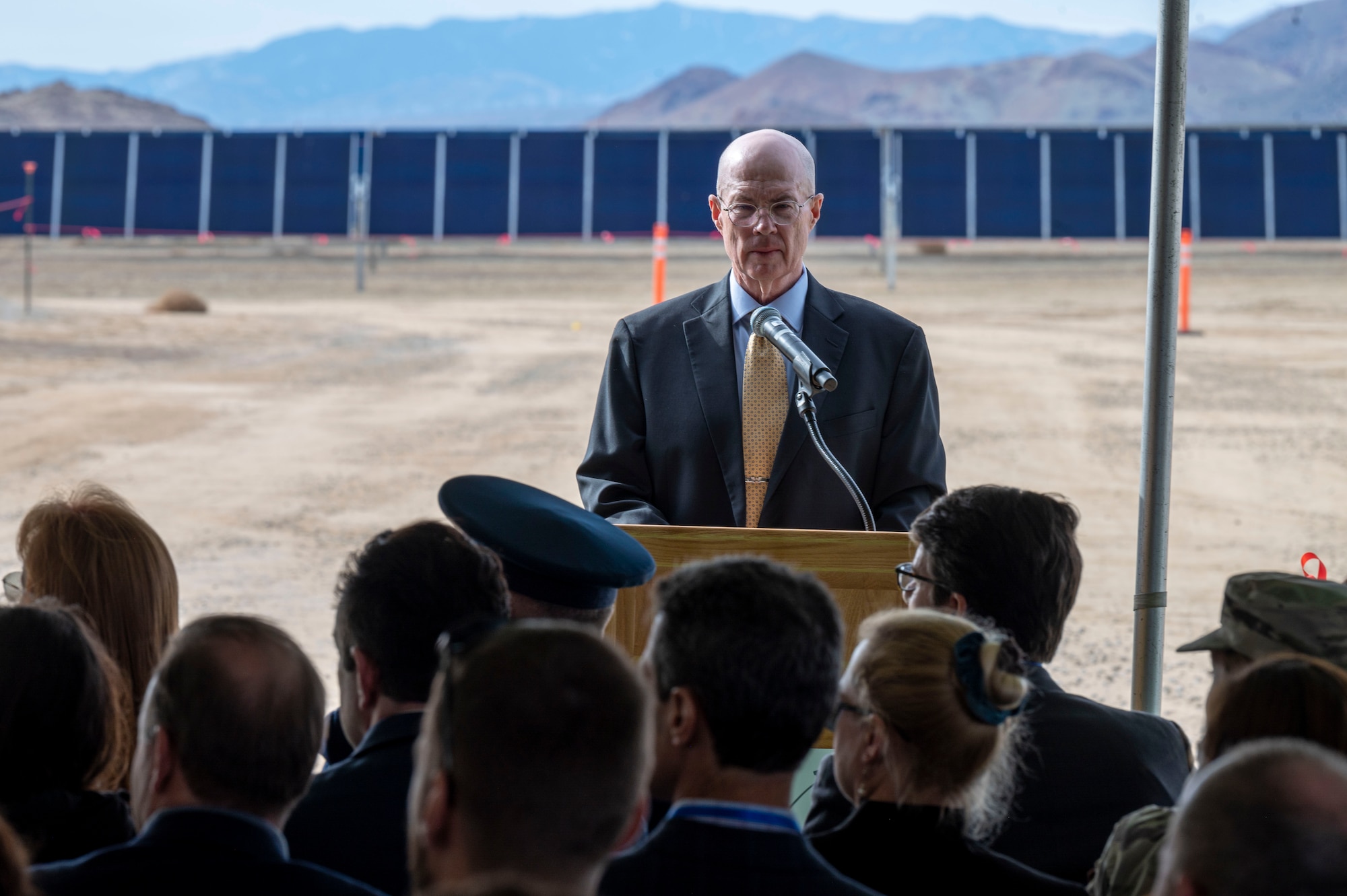 James Judkins, Director, 412th Civil Engineering Group speaks at the Edwards Solar Enhanced Use Lease Project ribbon cutting ceremony commemorating the largest private-public collaboration in Department of Defense history at Edwards Air Force Base, California, Feb. 2.