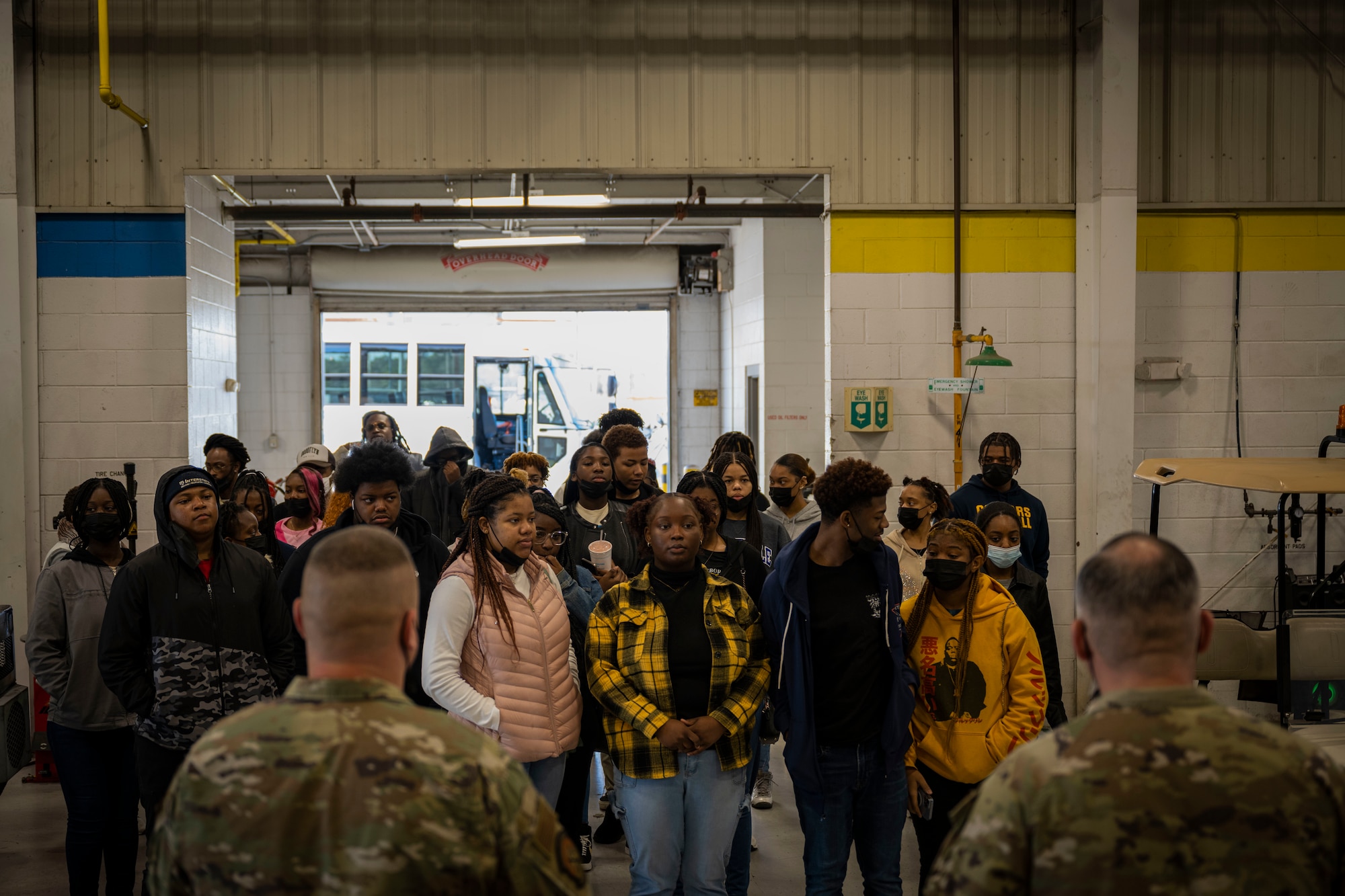Goldsboro High School students attend a tour of the 4th Equipment Maintenance Squadron aerospace ground equipment shop at Seymour Johnson Air Force Base, North Carolina, Jan. 27, 2023. The tour was held to increase the student’s knowledge about STEM-related job opportunities in the Air Force.