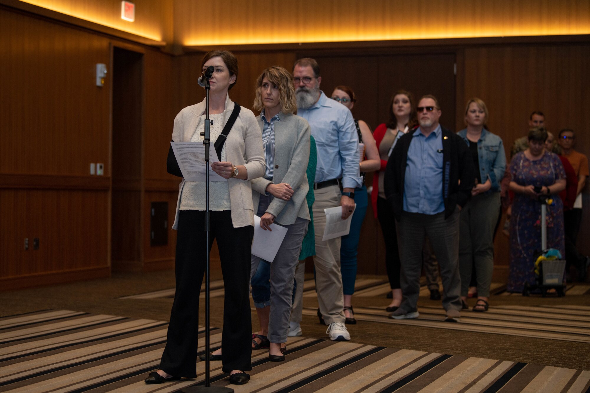 Base members speak during a Town hall meeting.