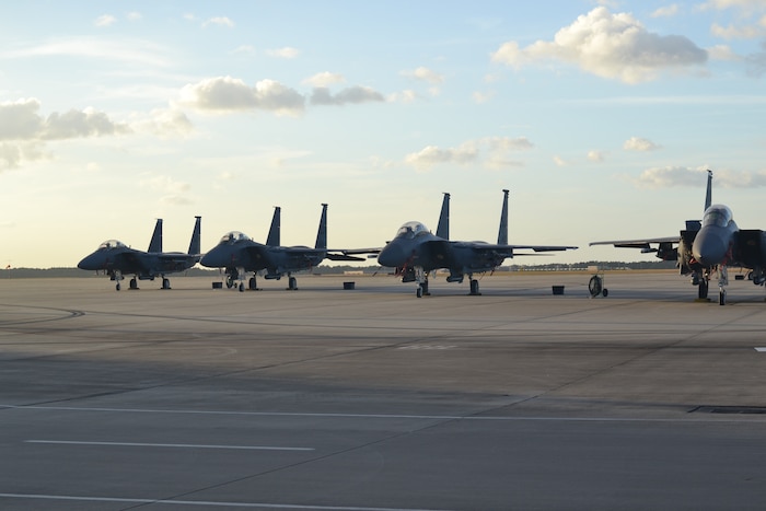 For the first time ever, the Air Force Reserve's 414th Fighter Group led a Total Force training event at the Savannah, Georgia Combat Readiness Training Center in November. Here, F-15Es are parked at the training center. (Courtesy photo)