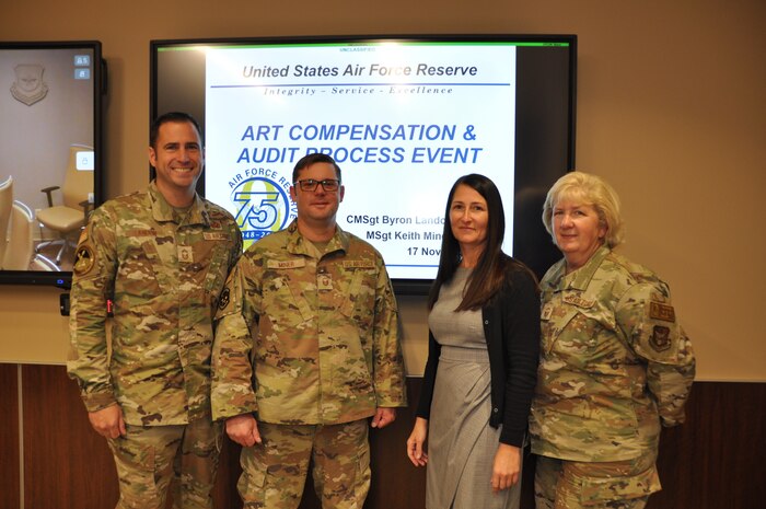 Left to right, Chief Master Sgt. Byron Landon, Master Sgt. Keith Miner, Louanna Bledsoe and Senior Master Sgt. Penny Ricketts have been instrumental in Air Force Reserve Command's efforts to reform the Air Reserve Technician time and attendance process.