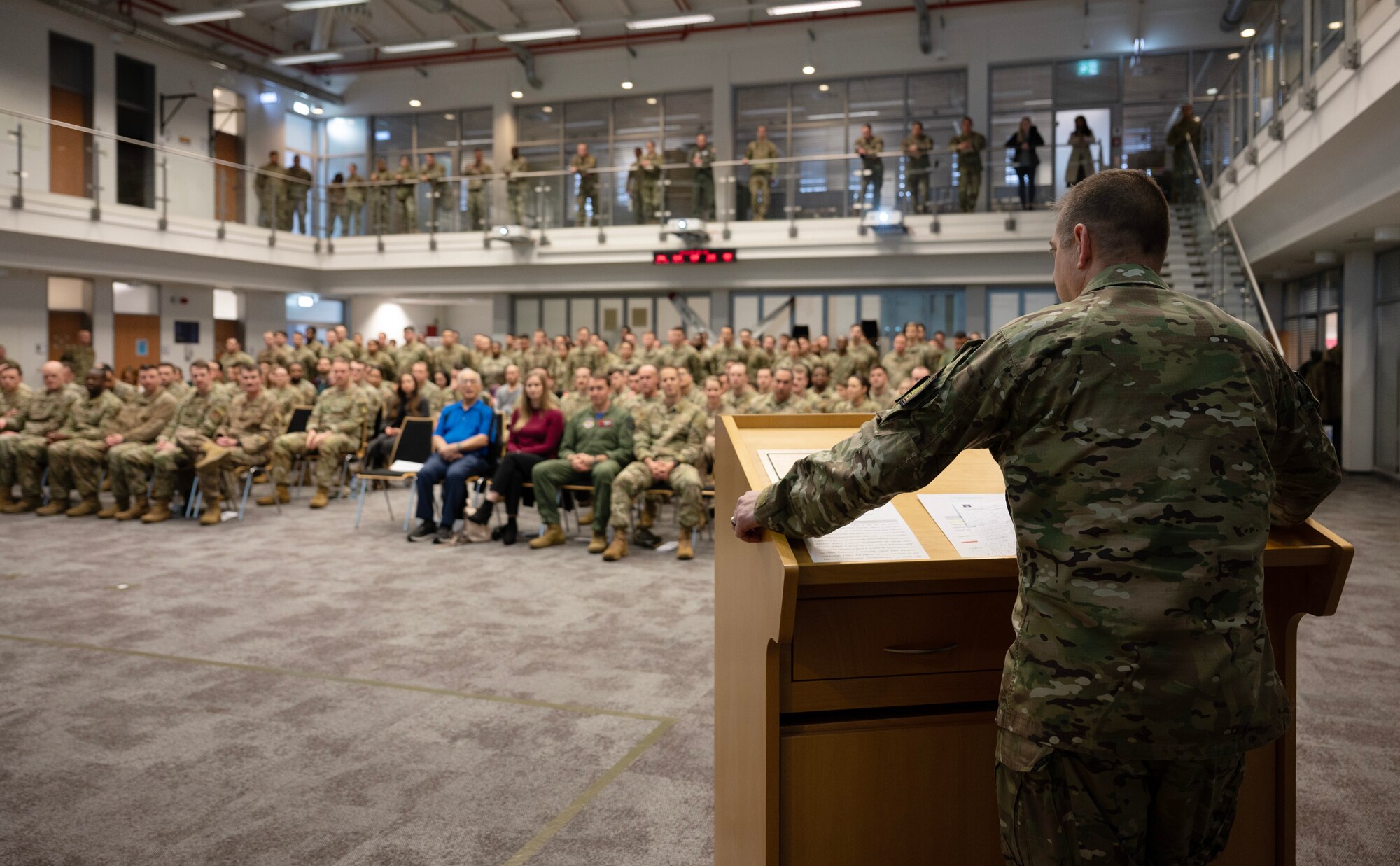 U.S. Air Force Col. Bryan T. Callahan, 435th Air Ground Operations Wing commander, speaks during an award ceremony at Ramstein Air Base, Germany, Feb. 3, 2023.