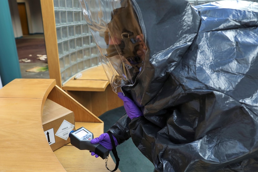 U.S. Army Sgt. Kevin Dodson with the Pennsylvania National Guard’s 3rd Weapons of Mass Destruction Civil Support Team investigates a potential simulated radiation threat Feb. 2 at Sysco of Central Pa. in Harrisburg, Pa. The 22 Soldiers of the CST simulated being called upon by civilian authorities to investigate and respond to potential drug production laboratories in preparation for an upcoming external evaluation. (U.S. Army National Guard photo by Sgt. 1st Class Zane Craig)