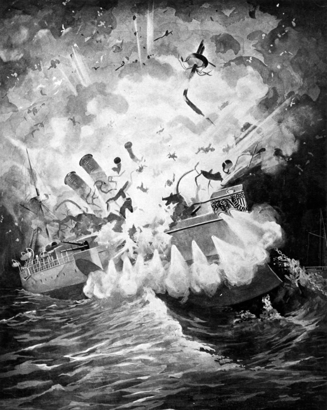 Is destroyed by explosion, in Havana Harbor, Cuba, 15 February 1898. Artwork, copied from the contemporary publication Uncle Sam's Navy. U.S. Naval History and Heritage Command Photograph.