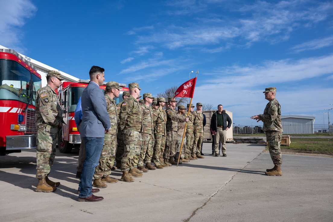 Col. Jonathan Doyle, Provost Marshal/Protection Director of IMCOM speaks to Soldiers standing in front of the ASA-Black Sea fire station at MK Air Base on 20 January, 2023.