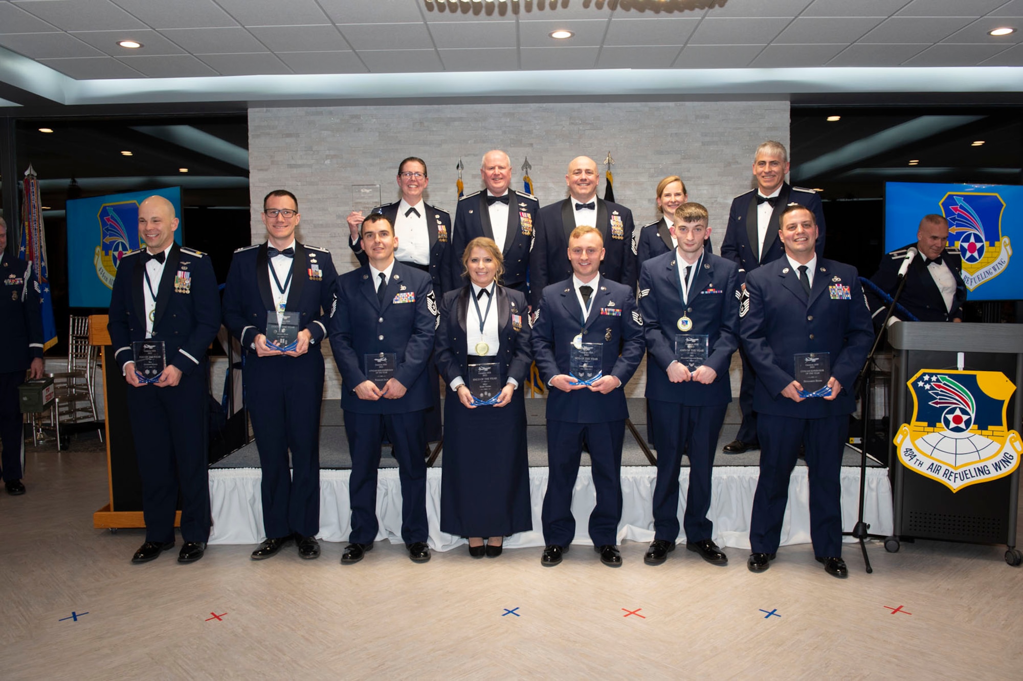 Grissom's annual award winners pose during the 80th Anniversary Ball. The winners were announced as part of the program celebrating the unit and base's storied history. Photo by Master Sgt. Rachel Barton.