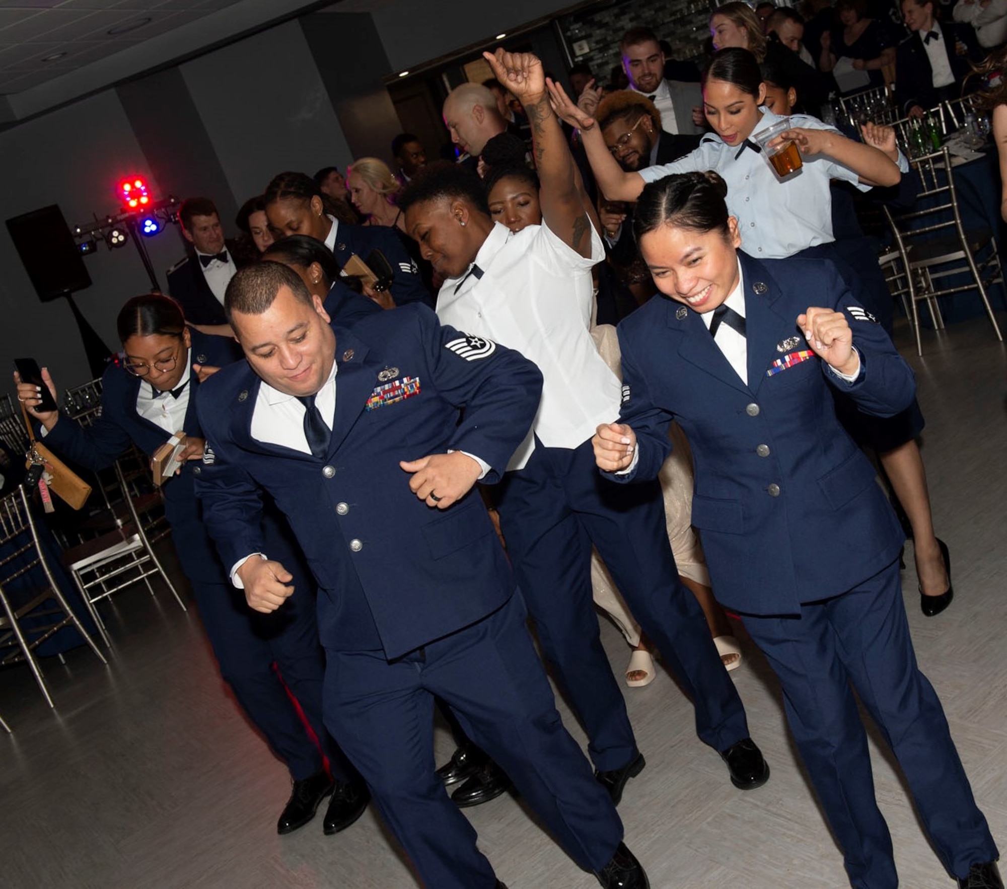 Members of the 434th Air Refueling Wing bust a move on the dance floor during Grissom's 80th Anniversary Ball. The wing celebrated both the unit, and the base's long history and announced its annual award winners. Photo by Master Sgt. Rachel Barton.