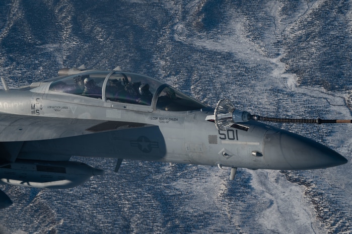 A Royal Air Force Typhoon FGR4, receives air-to-air refueling from a Voyager during a Red Flag-Nellis 23-1 mission over the Nevada Test and Training Range, Jan. 26, 2023.