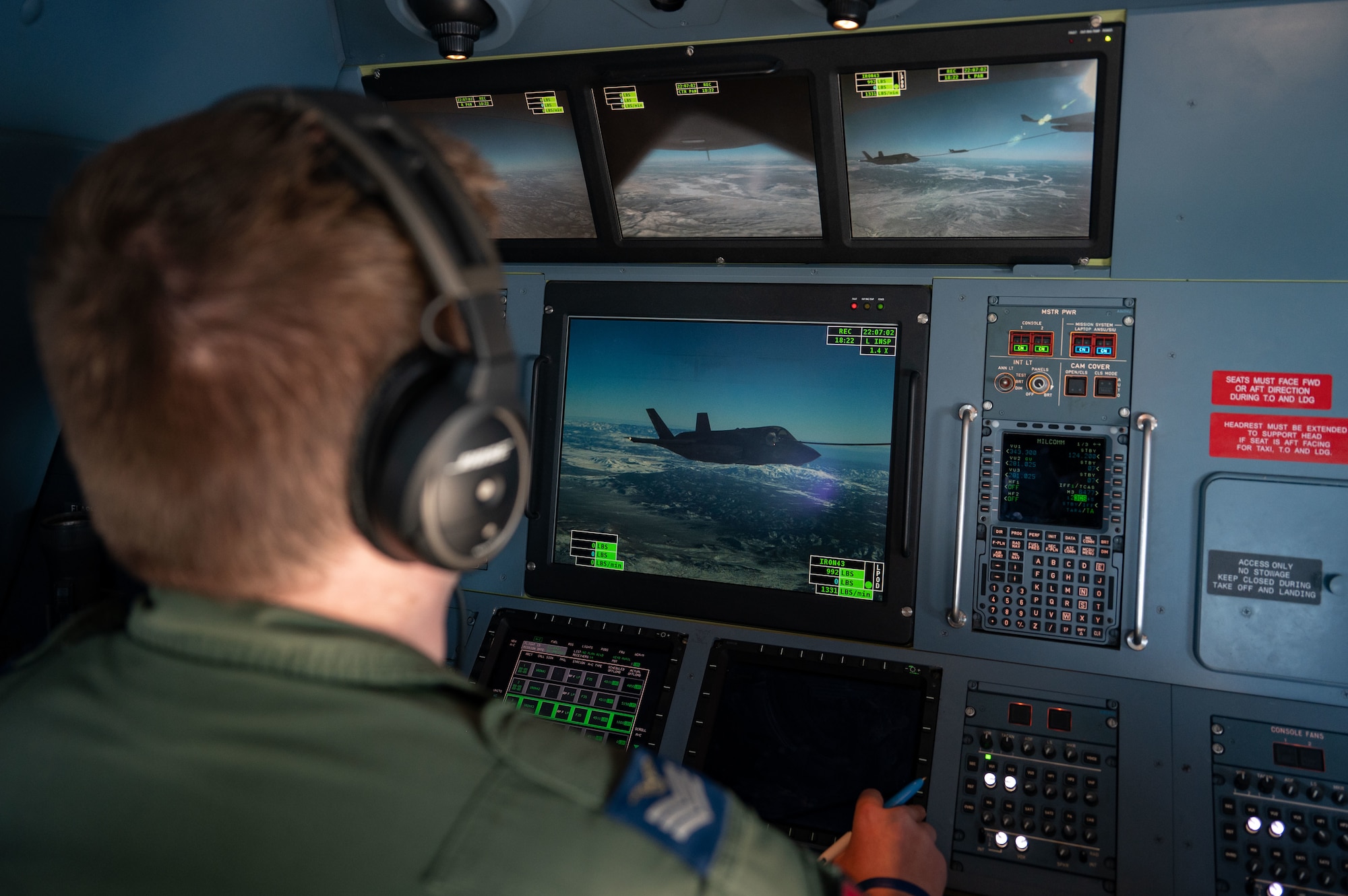 Royal Air Force mission systems operator, monitors and directs the air-to-air refueling of a U.S. Marine Corps F-35B in participation of Red Flag-Nellis 23-1 over the Nevada Test and Training Range, Jan. 26, 2023.