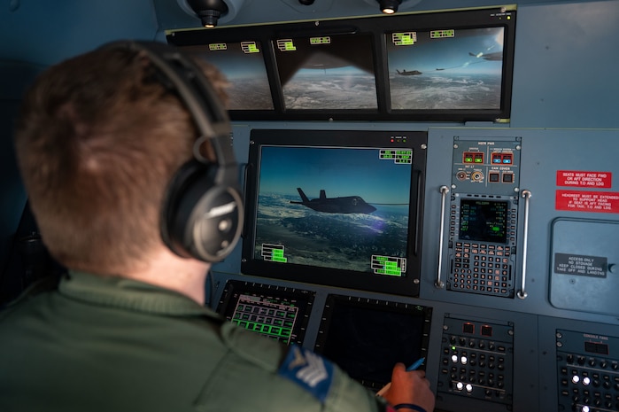 Royal Air Force mission systems operator, monitors and directs the air-to-air refueling of a U.S. Marine Corps F-35B in participation of Red Flag-Nellis 23-1 over the Nevada Test and Training Range, Jan. 26, 2023.