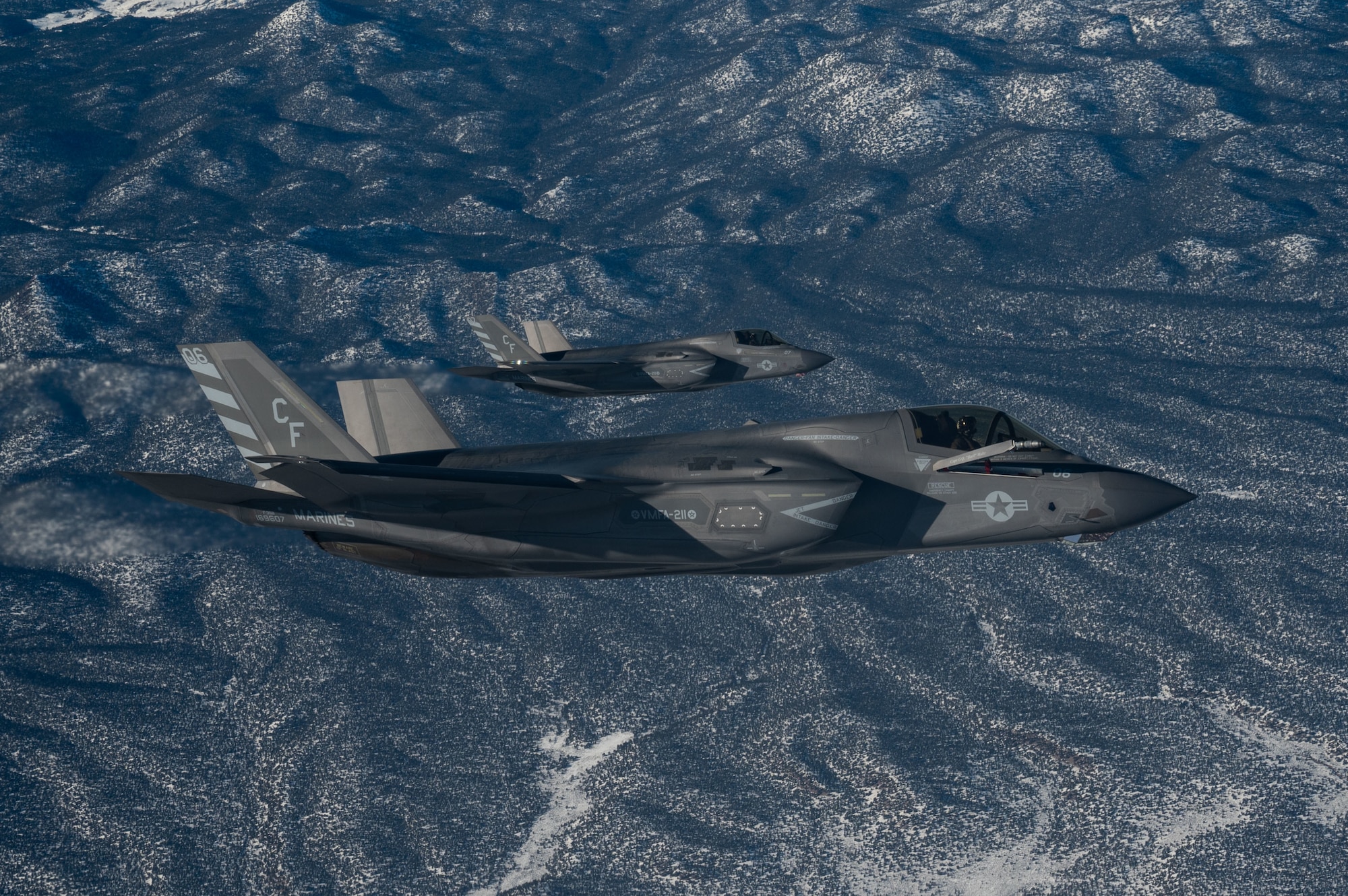 U.S. Marine Corps F-35Bs from Marine Fighter Attack Squadron-211, await refueling from a Royal Air Force Voyager in participation of Red Flag-Nellis 23-1 (RF-N) over the Nevada Test and Training Range, Jan. 26, 2023.