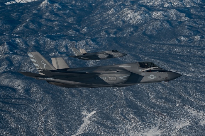 U.S. Marine Corps F-35Bs from Marine Fighter Attack Squadron-211, await refueling from a Royal Air Force Voyager in participation of Red Flag-Nellis 23-1 (RF-N) over the Nevada Test and Training Range, Jan. 26, 2023.