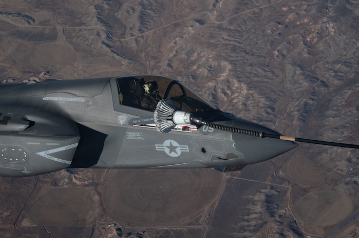A U.S. Marine Corps F-35B from Marine Fighter Attack Squadron-211, receives air-to-air refueling from a Royal Air Force Voyager in participation of Red Flag-Nellis (RF-N) 23-1 over the Nevada Test and Training Range, Jan. 26, 2023.