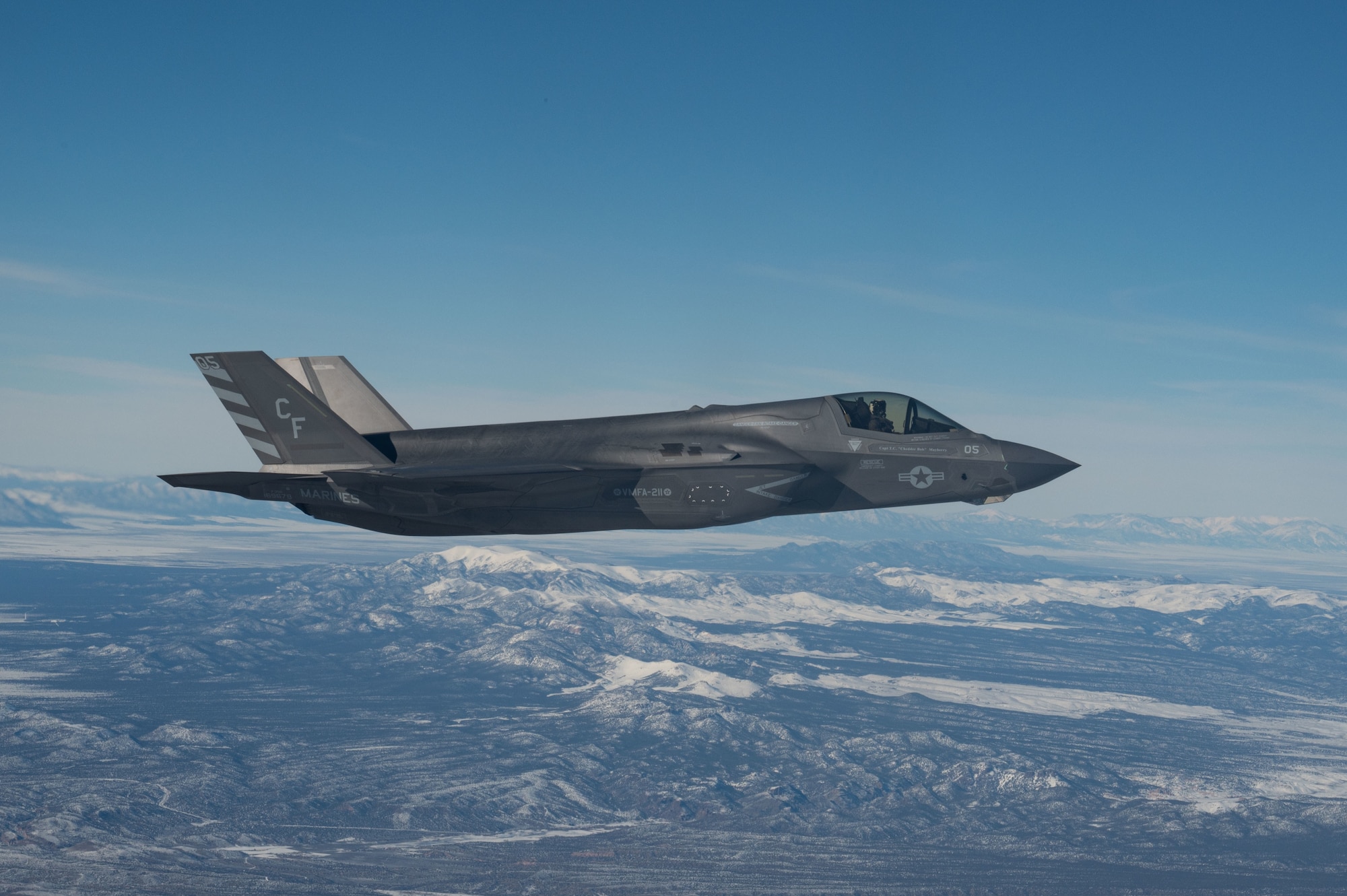 A U.S. Marine Corps F-35B from Marine Fighter Attack Squadron-211, flies during a Red Flag-Nellis (RF-N) 23-1 mission over the Nevada Test and Training Range, Jan. 26, 2023.