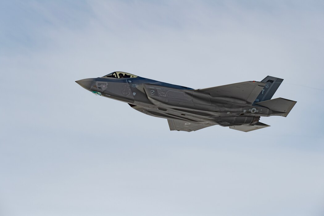 Photo of an F-35A Lightning II assigned to the 134th Fighter Squadron of the Vermont Air National Guard's 158th Fighter Wing taking off for a training mission from the Vermont Air National Guard Base, South Burlington, Vermont, Feb. 7, 2023.