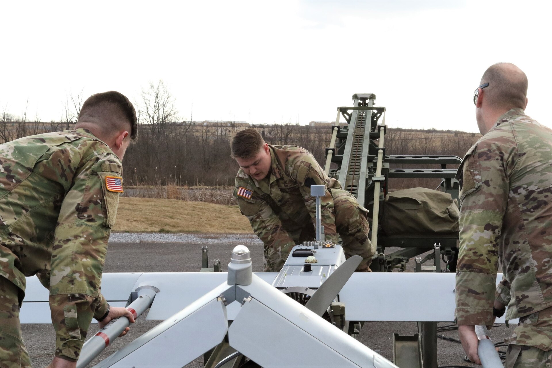 U.S. Soldiers with the 28th Infantry Division prepare an RQ-7 Shadow for flight at the Unmanned Aircraft System Operations Facility at Fort Indiantown Gap, Jan. 30, 2023. (U.S. Army National Guard photo by Capt. Travis Mueller)