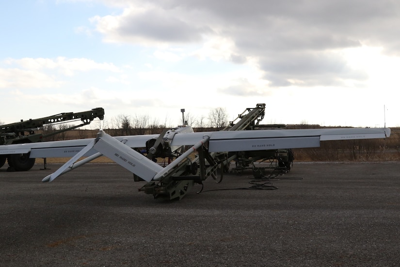 An RQ-7 Shadow, operated by Soldiers with the 28th Infantry Division, awaits takeoff at the Unmanned Aircraft System Operations Facility at Fort Indiantown Gap, Jan. 30, 2023. (U.S. Army National Guard photo by Capt. Travis Mueller)