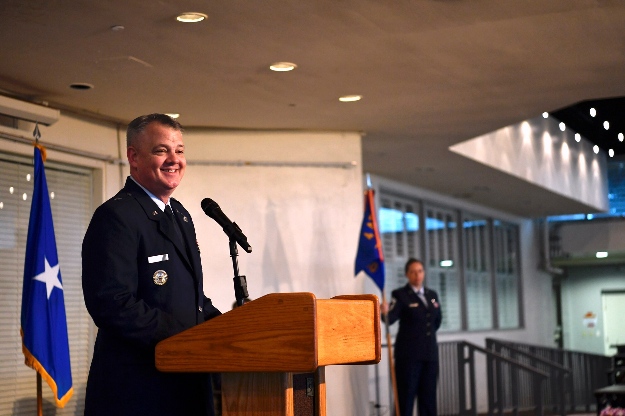 Brig. Gen. Scott Durham, 4th Air Force commander, provides his remarks during the assumption of command ceremony of Col. Brandon W. Stepp Feb.4, 2023 at Joint Base Pearl Harbor-Hickam, Hawaii.