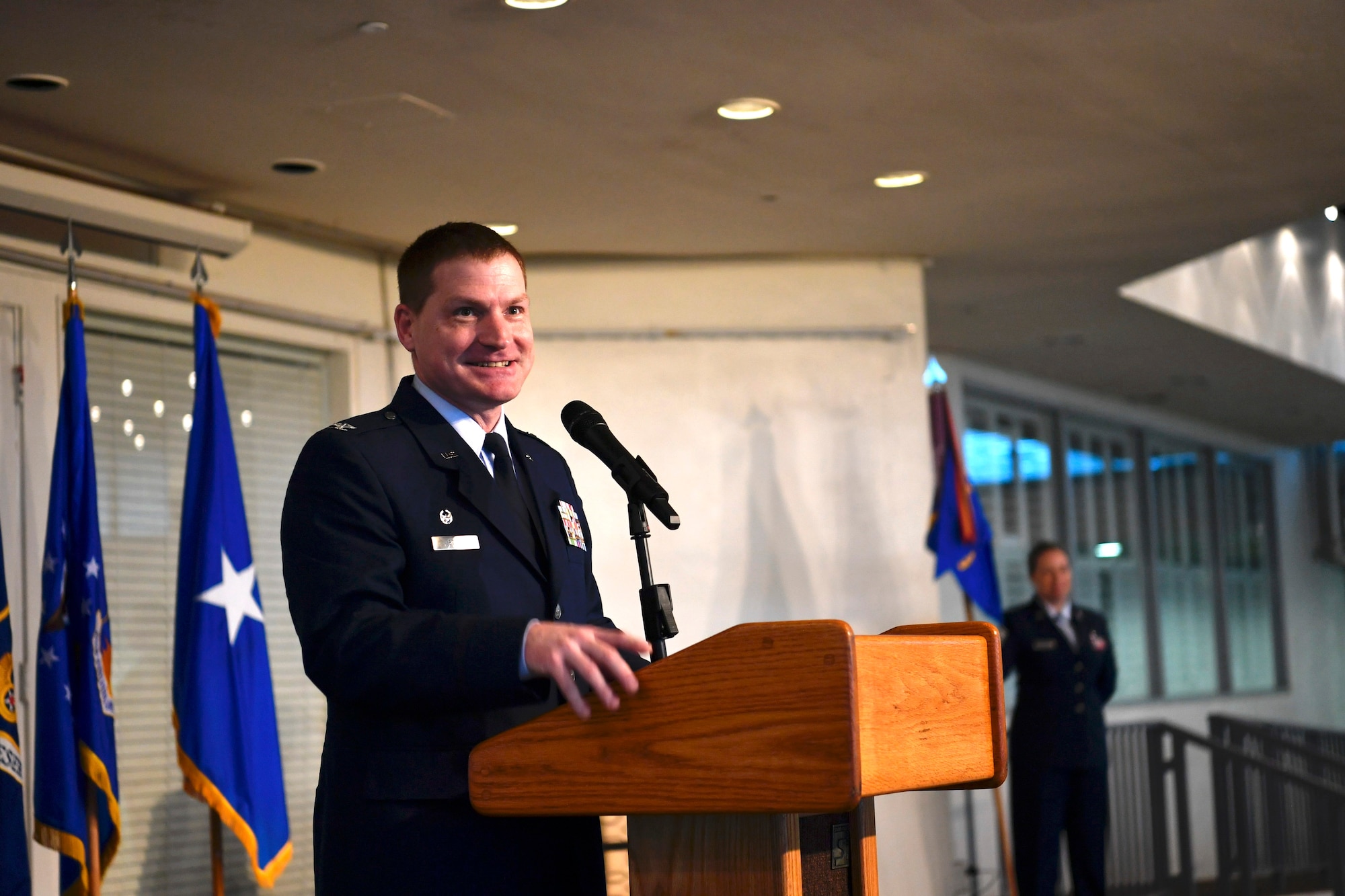 Col. Brandon W. Stepp provides his remarks after assuming command of the 624th Regional Support Group (RSG) Feb.4, 2023 at Joint Base Pearl Harbor-Hickam, Hawaii.