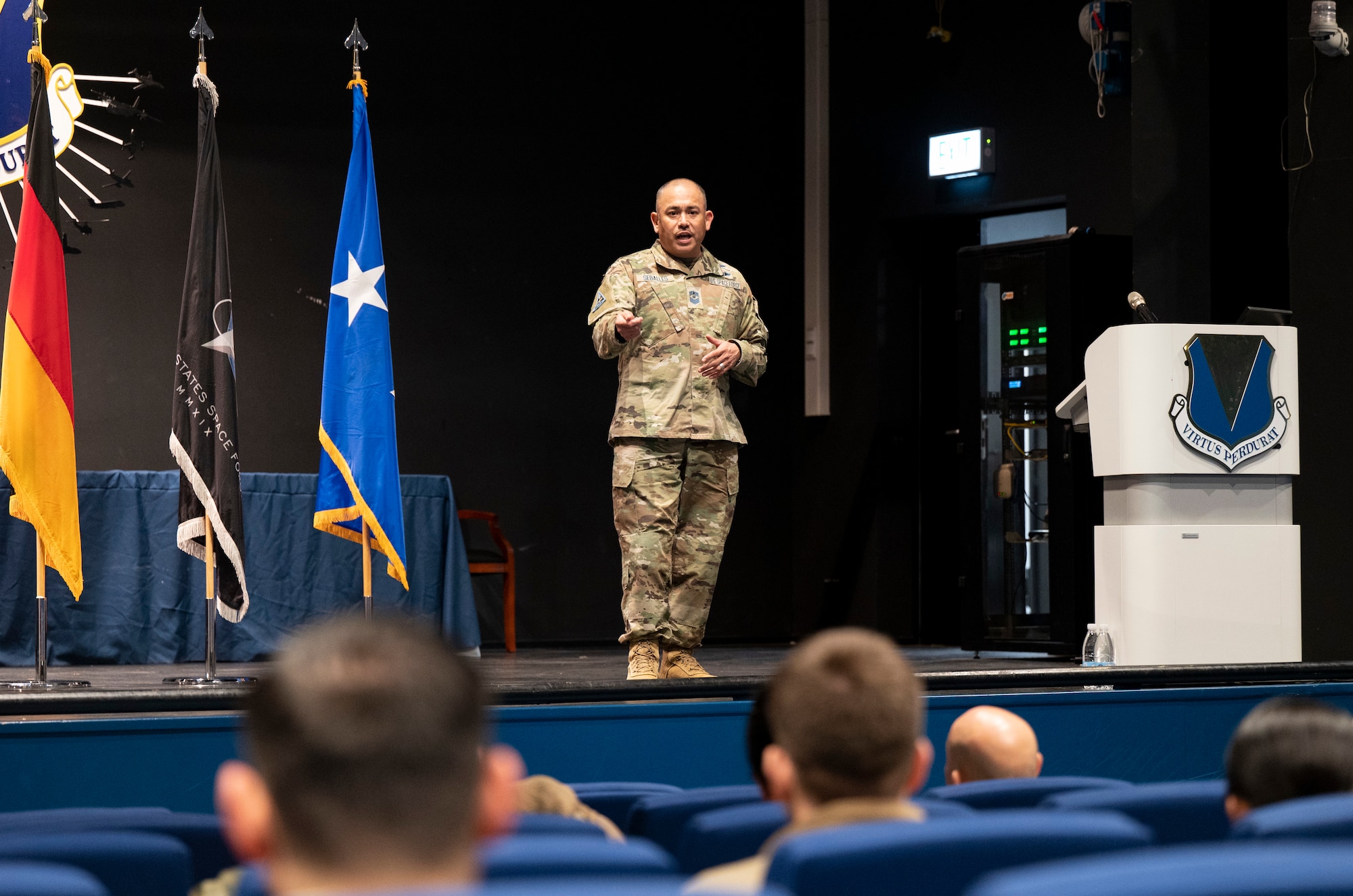 U.S. Space Force Chief Master Sgt. James Seballes, senior enlisted leader of Space Training and Readiness Command, speaks with Guardians and Airmen during an all-call at Ramstein Air Base, Germany