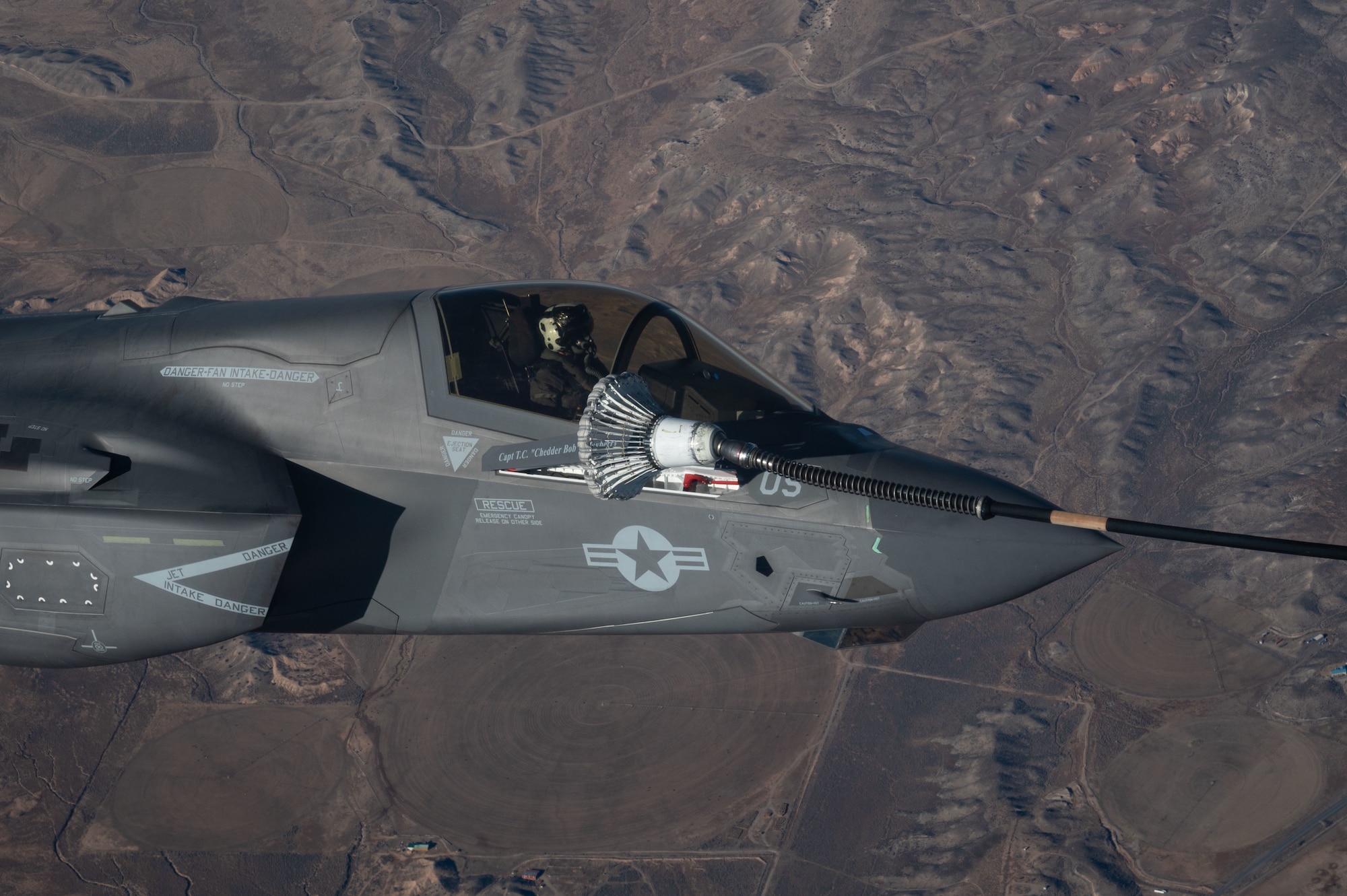 A U.S. Marine Corps F-35B from Marine Fighter Attack Squadron-211, receives air-to-air refueling from a Royal Air Force Voyager in participation of Red Flag-Nellis (RF-N) 23-1 over the Nevada Test and Training Range, Jan. 26, 2023.
