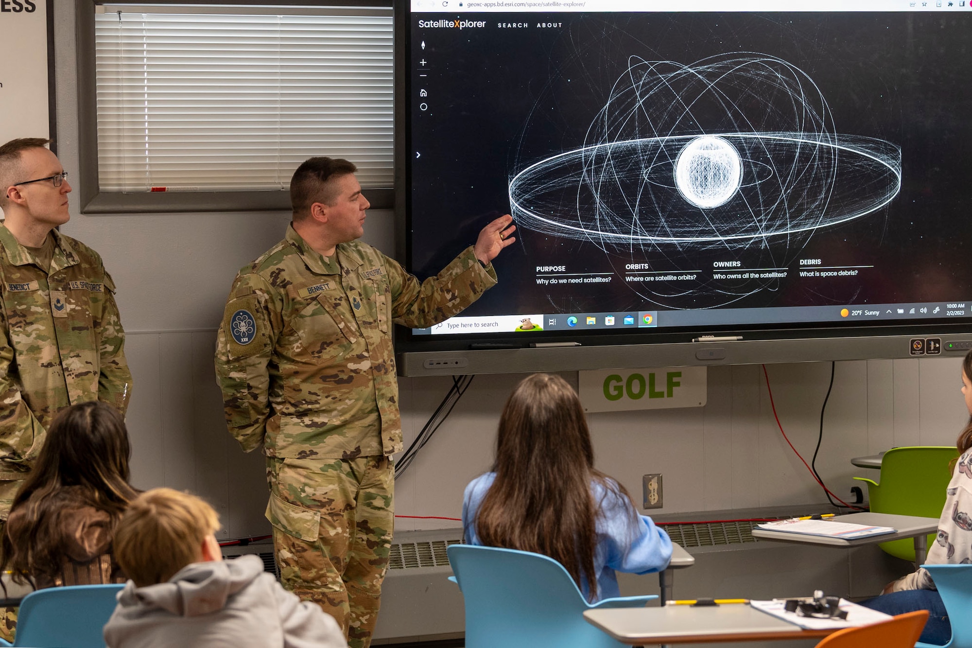 Tech. Sgt. Joshua Bennett, 22nd Space Operations Squadron, Det 1,  space operations technician, leads a STARBASE STEM class in front of a group of local elementary school students at the Montana Air National Guard Base, Feb. 2, 2023. STARBASE is the premiere Department of Defense science, technology, engineering and math program, offering 25-hours of education to 5th graders across the country. (U.S. Air Force photo by Airman 1st Class Elijah Van Zandt)