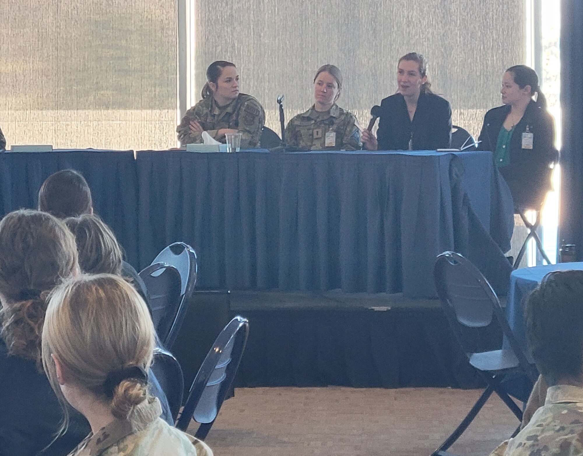 Special Agent Helen Landwehr, OSI Detachment 402, second from right, speaks to attendees as a member of the recent graduates panel at the 4th Annual Jean Bartik Computer Symposium hosted by the U.S. Air Force Academy, Colo., Feb. 2. (Photo by SA Gage Davis, OSI Det. 439)