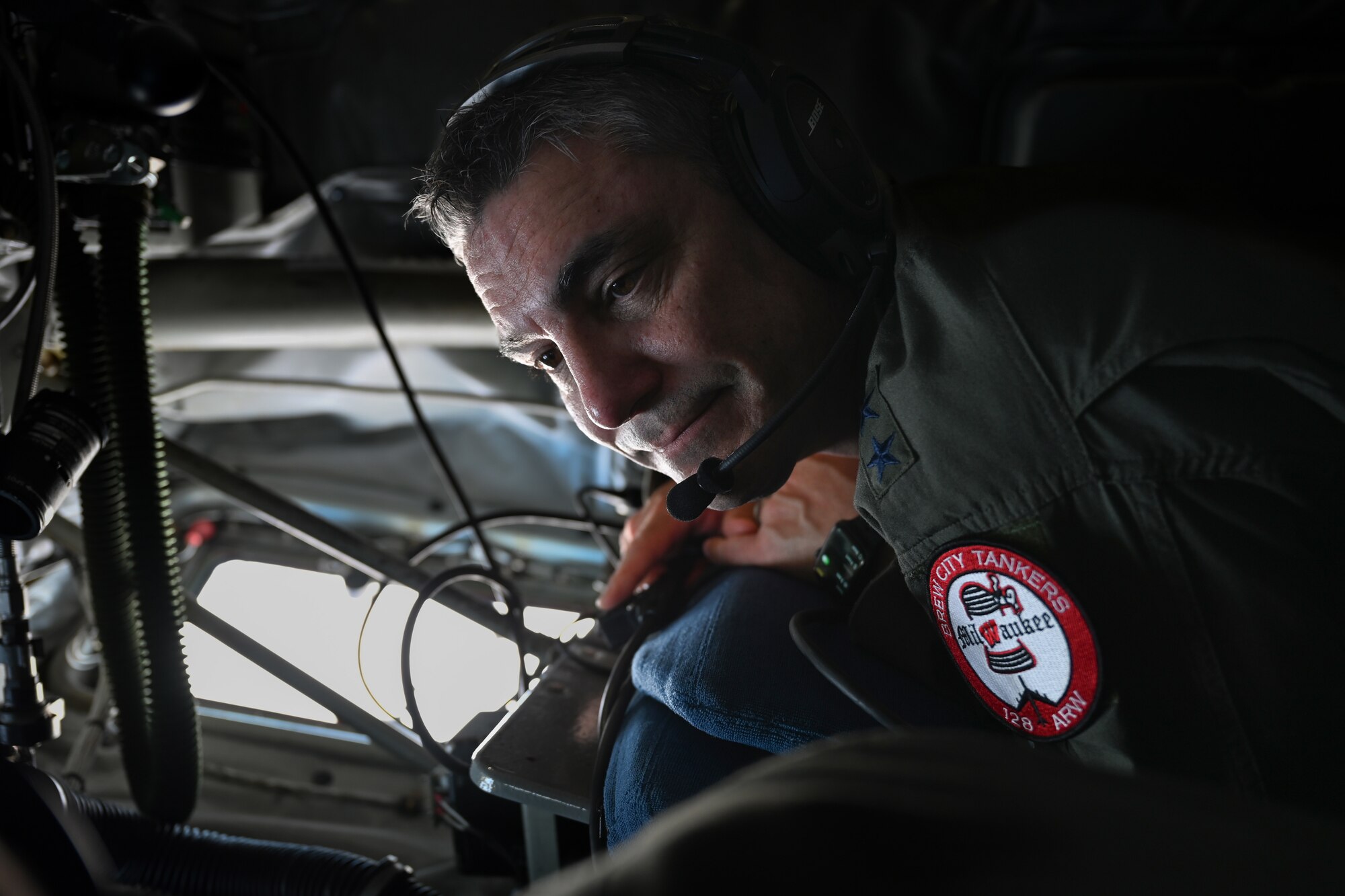 U.S. Air Force Maj. Gen. Paul Knapp, adjutant general of the Wisconsin Air National Guard, watches a B-1 during aerial refueling Feb. 3, 2023.