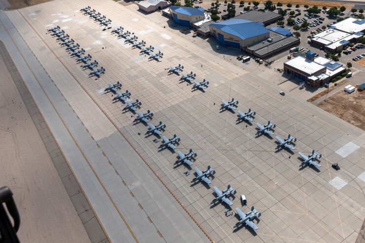 Aerial photo of flightline with 38 A-10 Thunderbolt IIs on the ramp