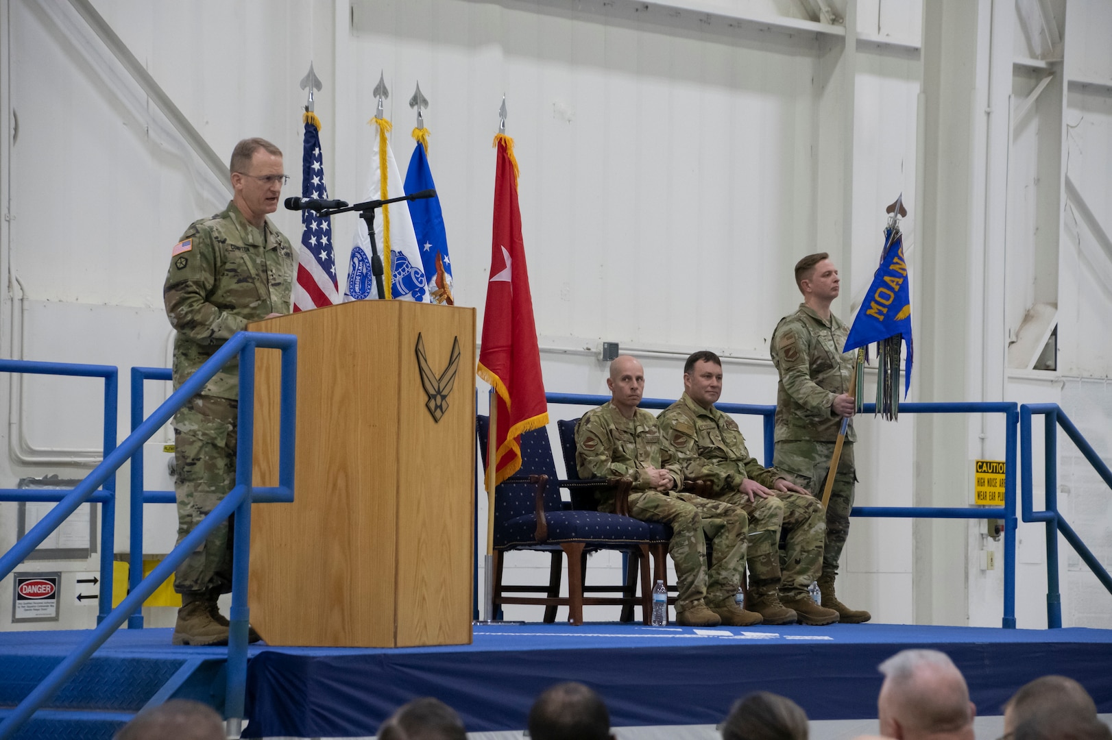 Maj. Gen. Levon Cumpton, Adjutant General of the Missouri National Guard, delivers remarks during a 131st Bomb Wing change of command ceremony at Whiteman Air Force Base, Missouri, Feb. 3, 2023. During the ceremony Col. Jared P. Kennish assumed command of the 131st Bomb Wing from Col. Matthew D. Calhoun. (U.S. Air National Guard photo by Senior Airman Kelly C. Ferguson)