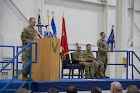 Maj. Gen. Levon Cumpton, Adjutant General of the Missouri National Guard, delivers remarks during a 131st Bomb Wing change of command ceremony at Whiteman Air Force Base, Missouri, Feb. 3, 2023. During the ceremony Col. Jared P. Kennish assumed command of the 131st Bomb Wing from Col. Matthew D. Calhoun. (U.S. Air National Guard photo by Senior Airman Kelly C. Ferguson)