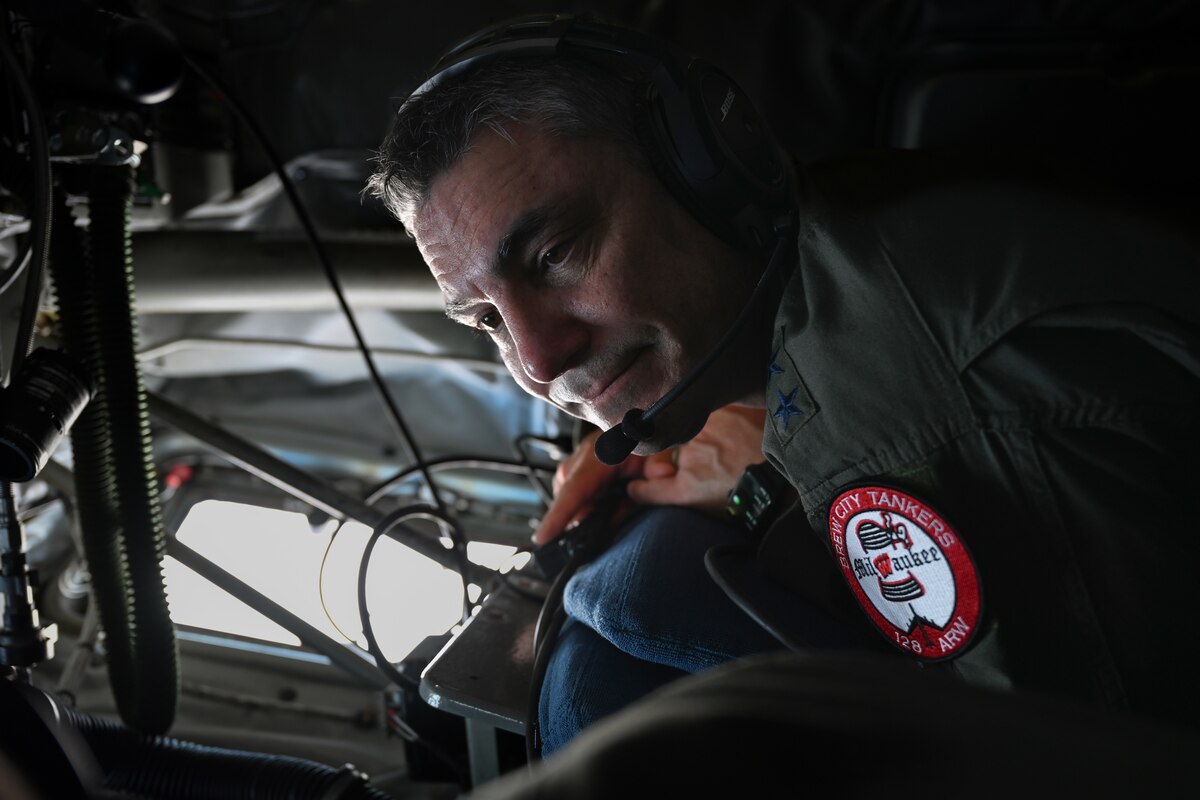U.S. Air Force Maj. Gen. Paul Knapp, adjutant general of the Wisconsin Air National Guard, watches a B-1 during aerial refueling Feb. 3, 2023.